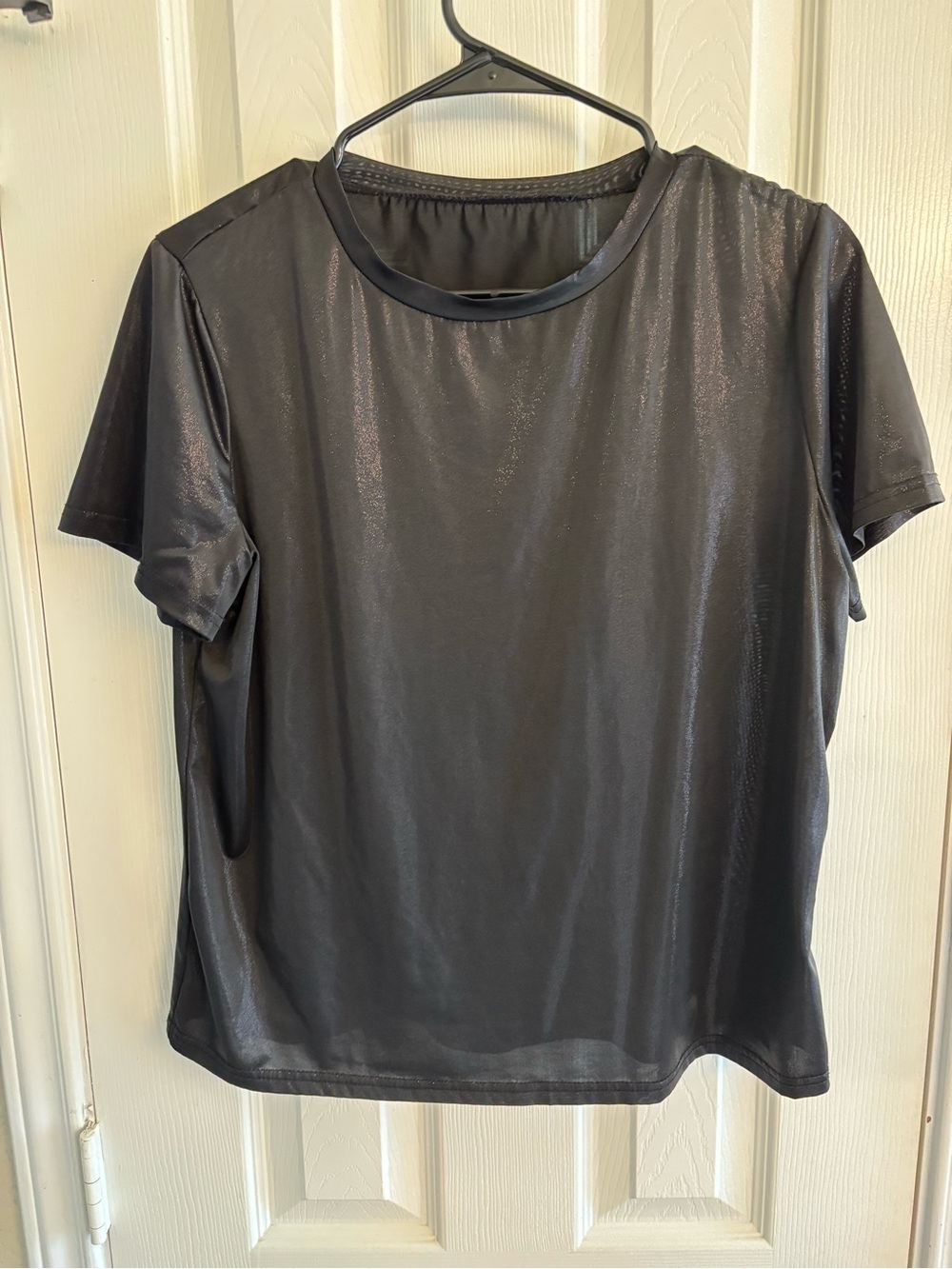 SHEIN Womens Size Large Black Faux Leather Wet Look Shimmer Short Sleeve Top